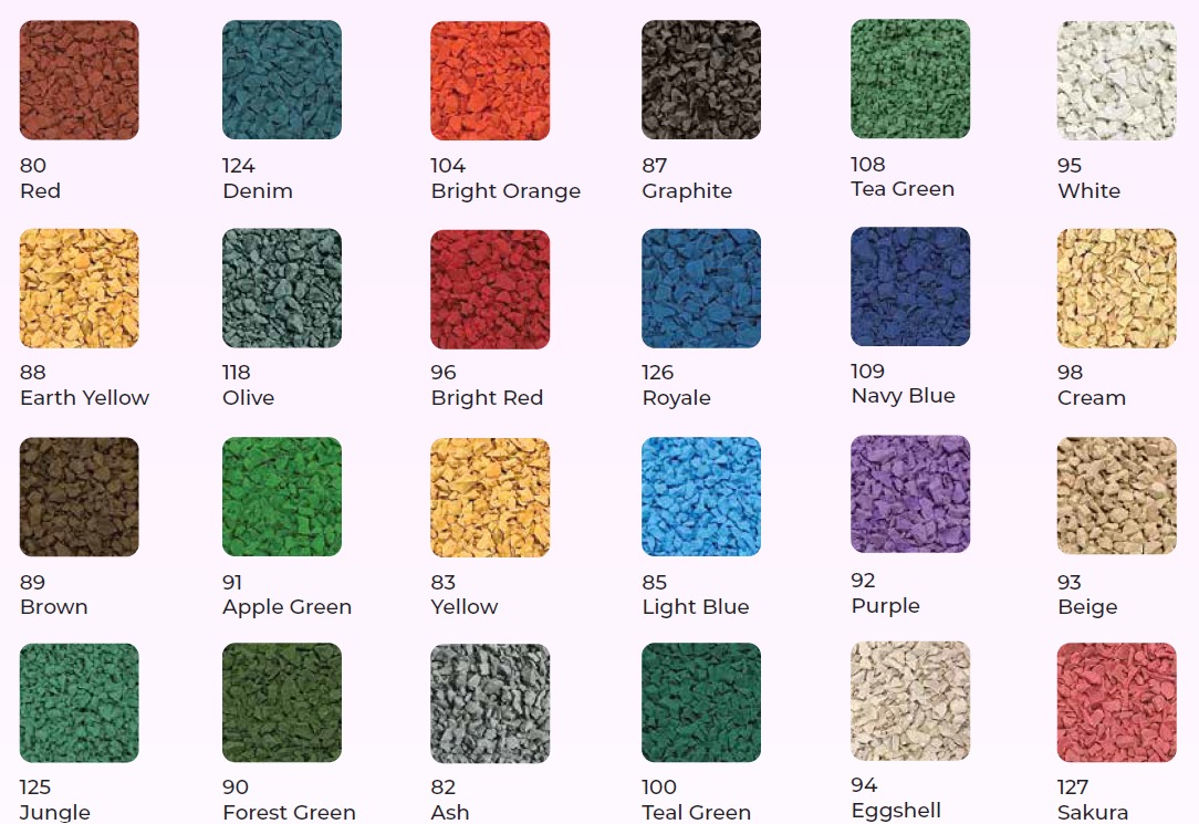 EPDM granule colour shade chart showing the full range of available wet pour colours