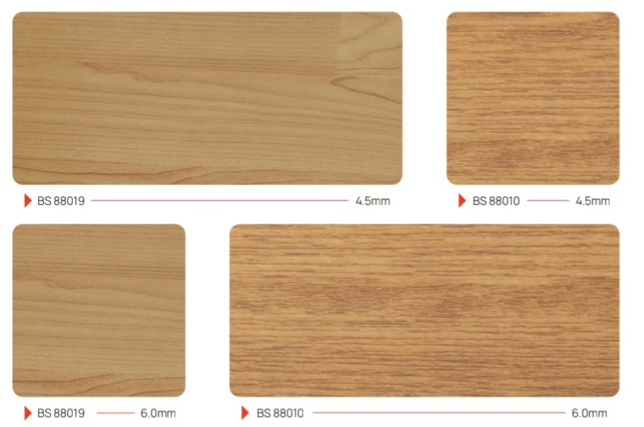 Wood finish shade chart for PVC vinyl sports flooring showing Maplewood and Oakwood in 4.5 mm and 6 mm