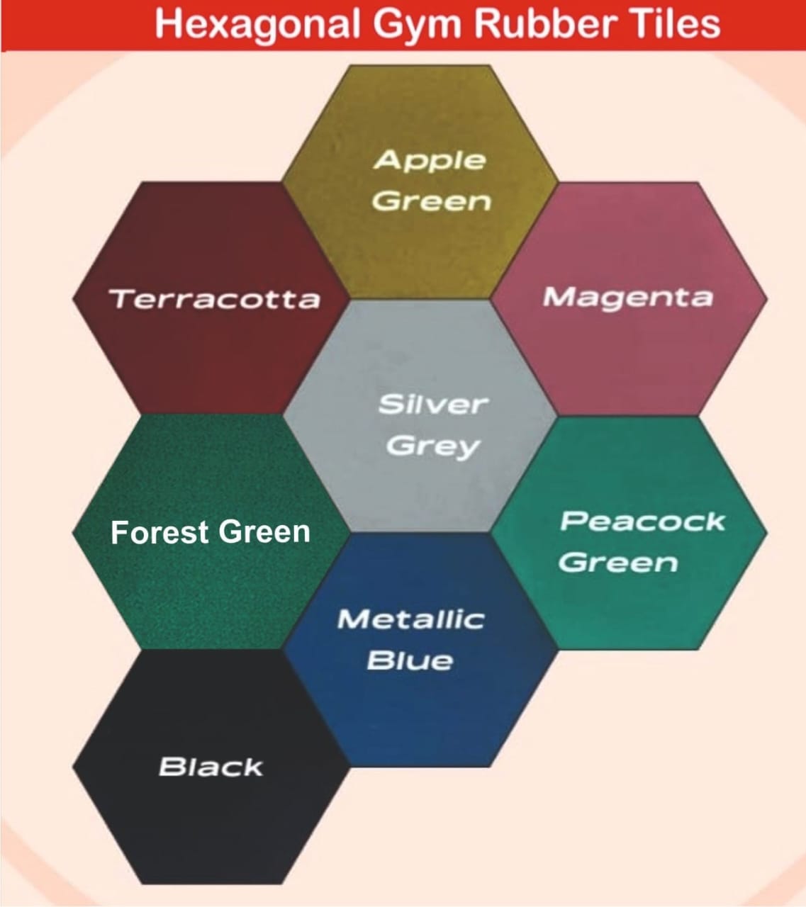 Colour shade chart for hexagonal gym rubber tiles showing Apple Green, Terracotta, Magenta, Silver Grey, Forest Green, Peacock Green, Metallic Blue and Black
