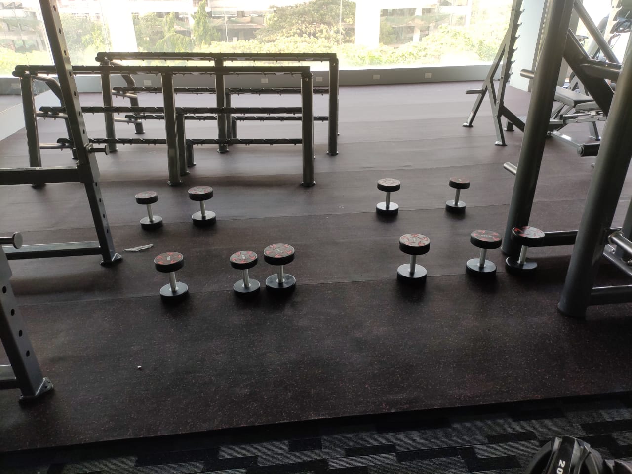 EPDM rubber roll flooring beneath a free-weight and dumbbell area